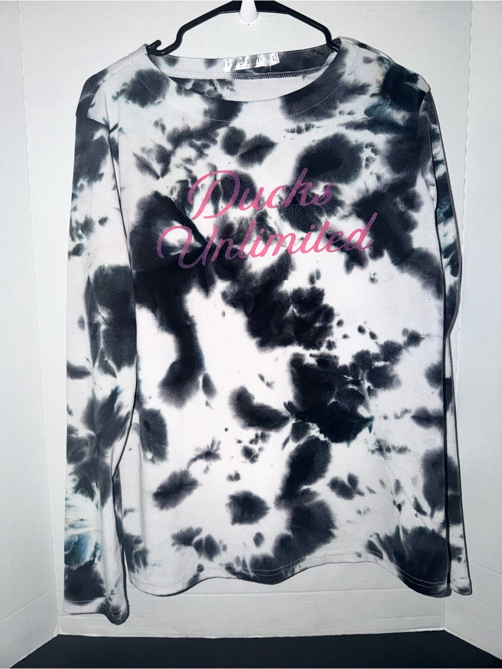 Tie-Dye Long Sleeve Blouse with Pink Script Logo